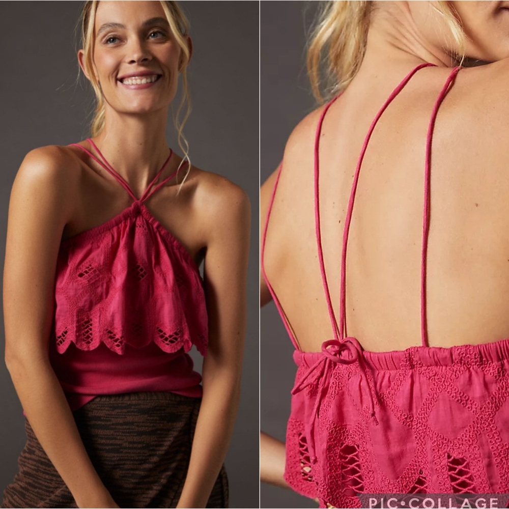 NWT Anthropologie Ruffled Halter Tank Top Bright Pink Womens Extra Small XS Boho